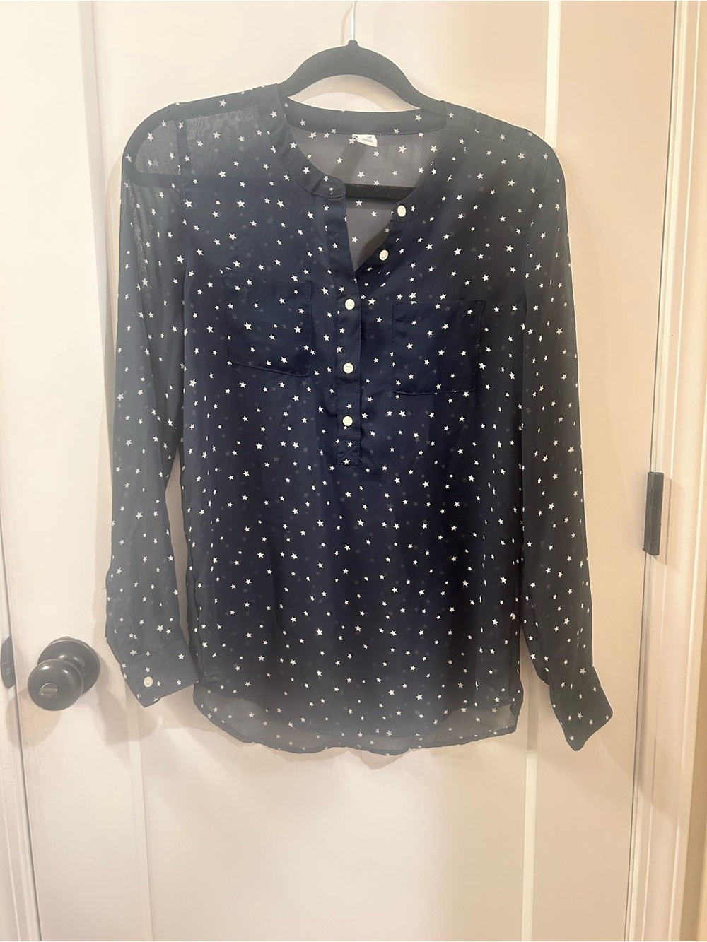 Women's Navy Blue Star Print Long-Sleeve Blouse